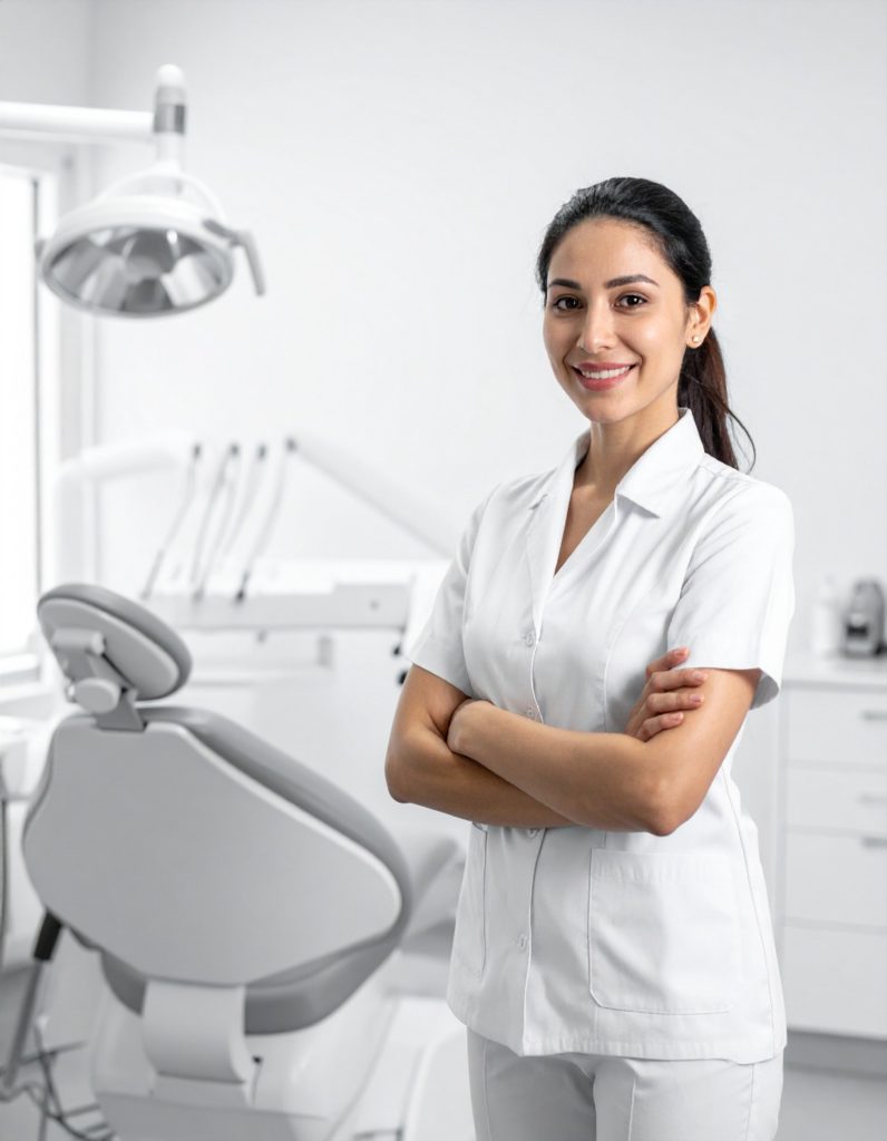 confident female dental professional clean clinic setting